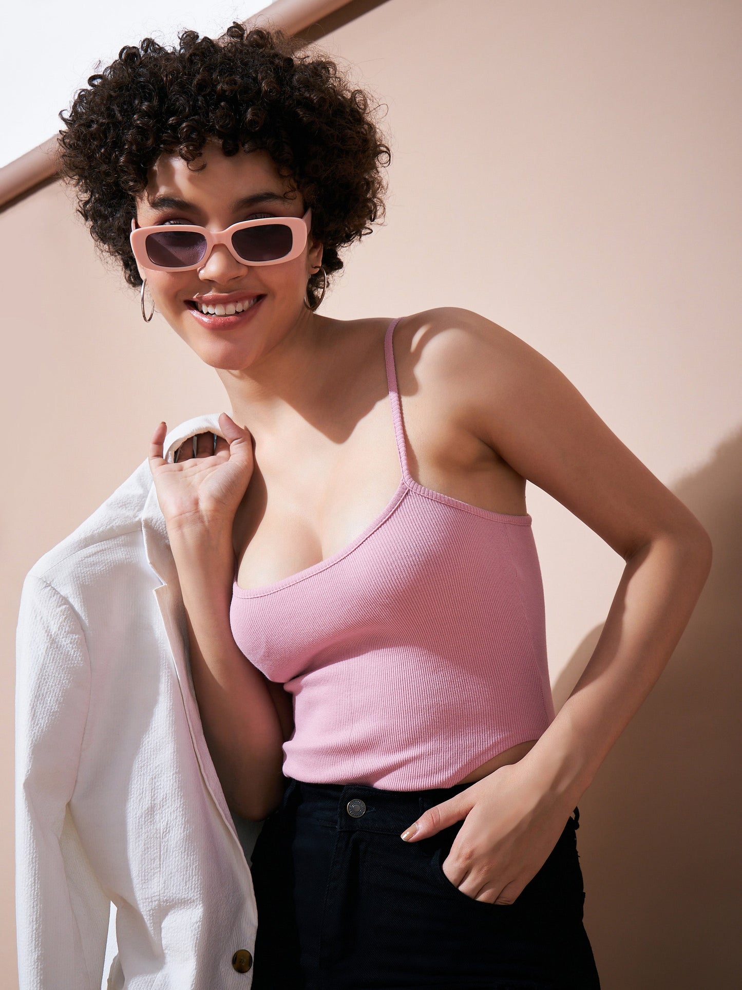 Dull Pink Strappy Ribbed Bodysuit-SASSAFRAS BASICS