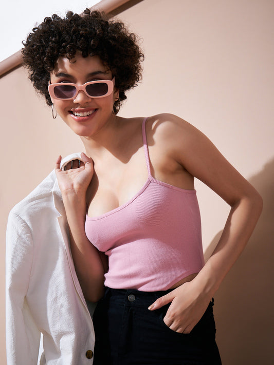 Dull Pink Strappy Ribbed Bodysuit-SASSAFRAS BASICS