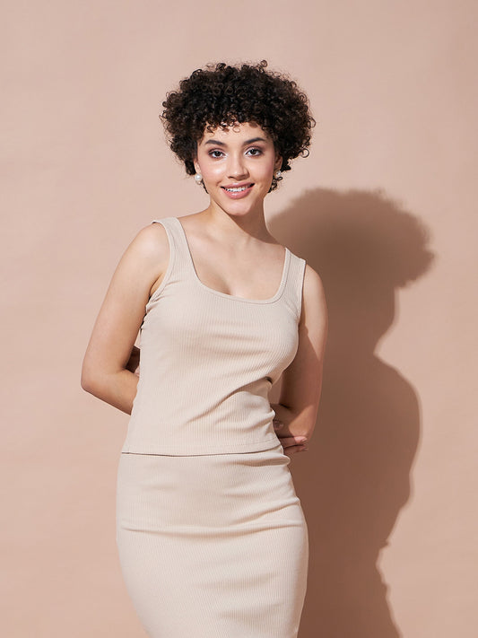 Beige Rib Sleeveless Top-SASSAFRAS BASICS