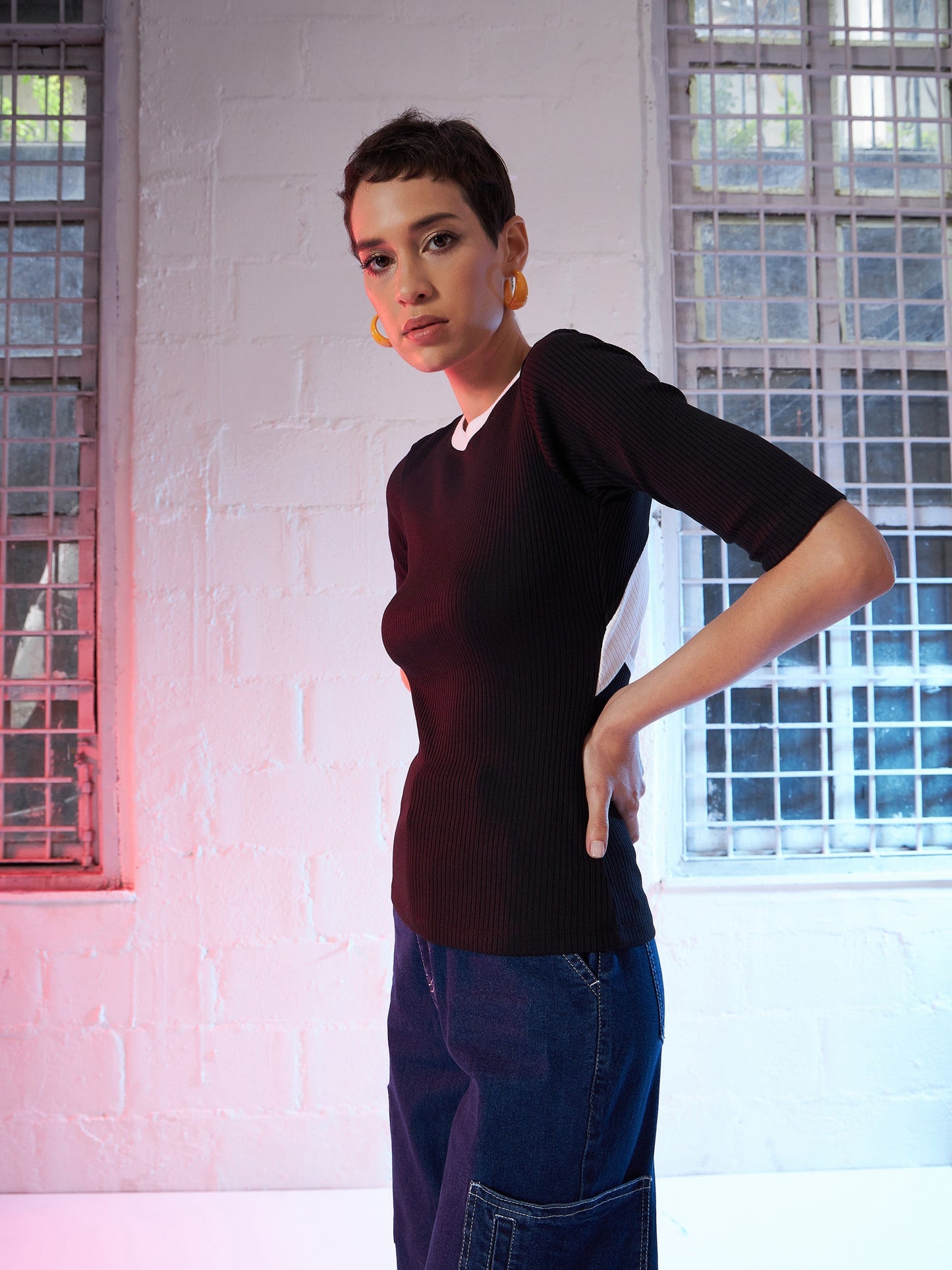 Black Back Cut Out Contrast Collar Rib Top-SASSAFRAS