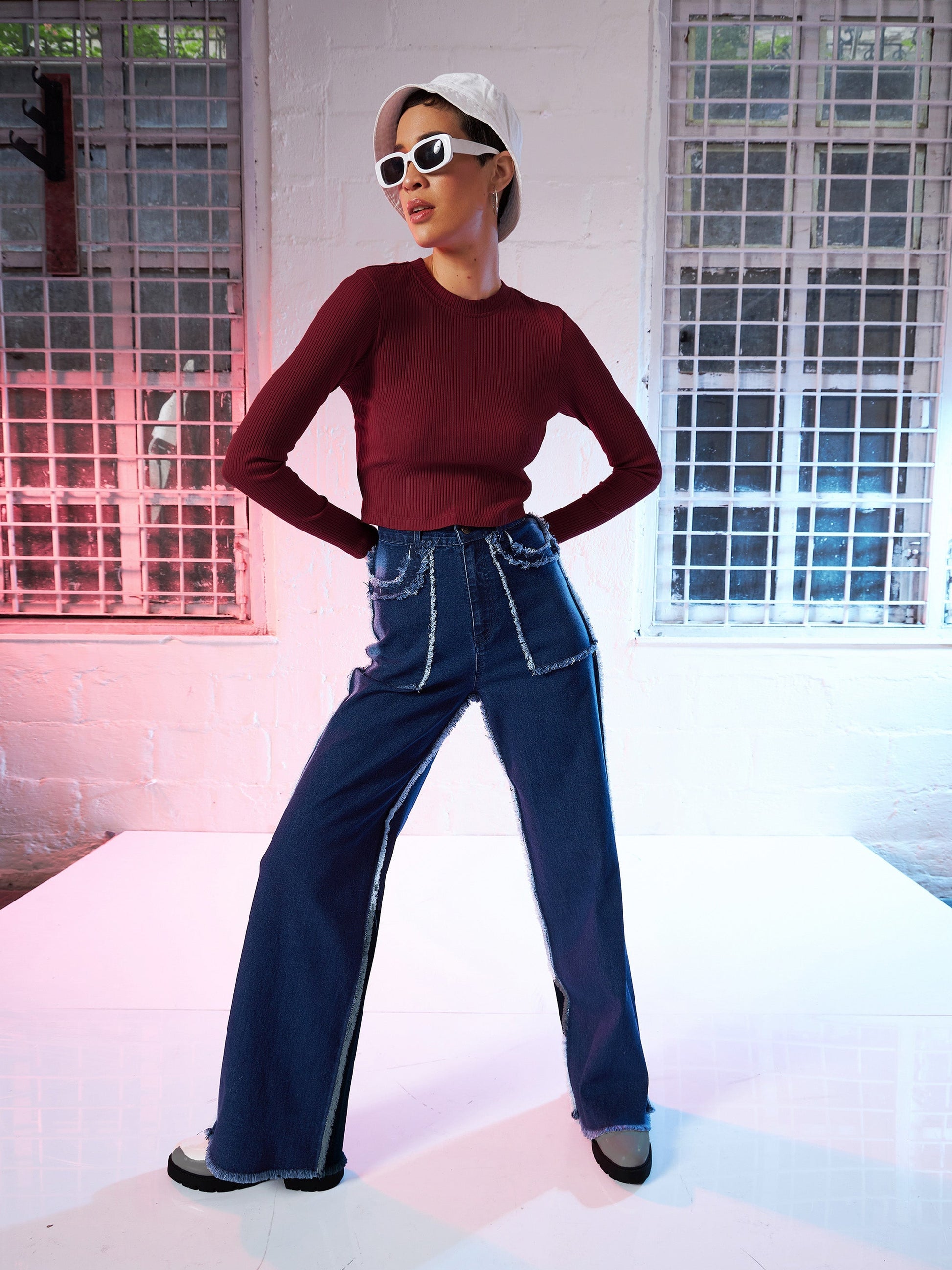 Maroon Back Cut Out Full Sleeves Rib Top-SASSAFRAS