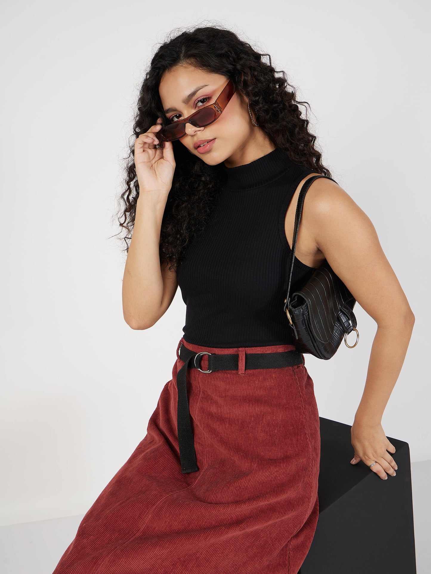 Black Rib Turtle Neck Sleeveless Top-SASSAFRAS