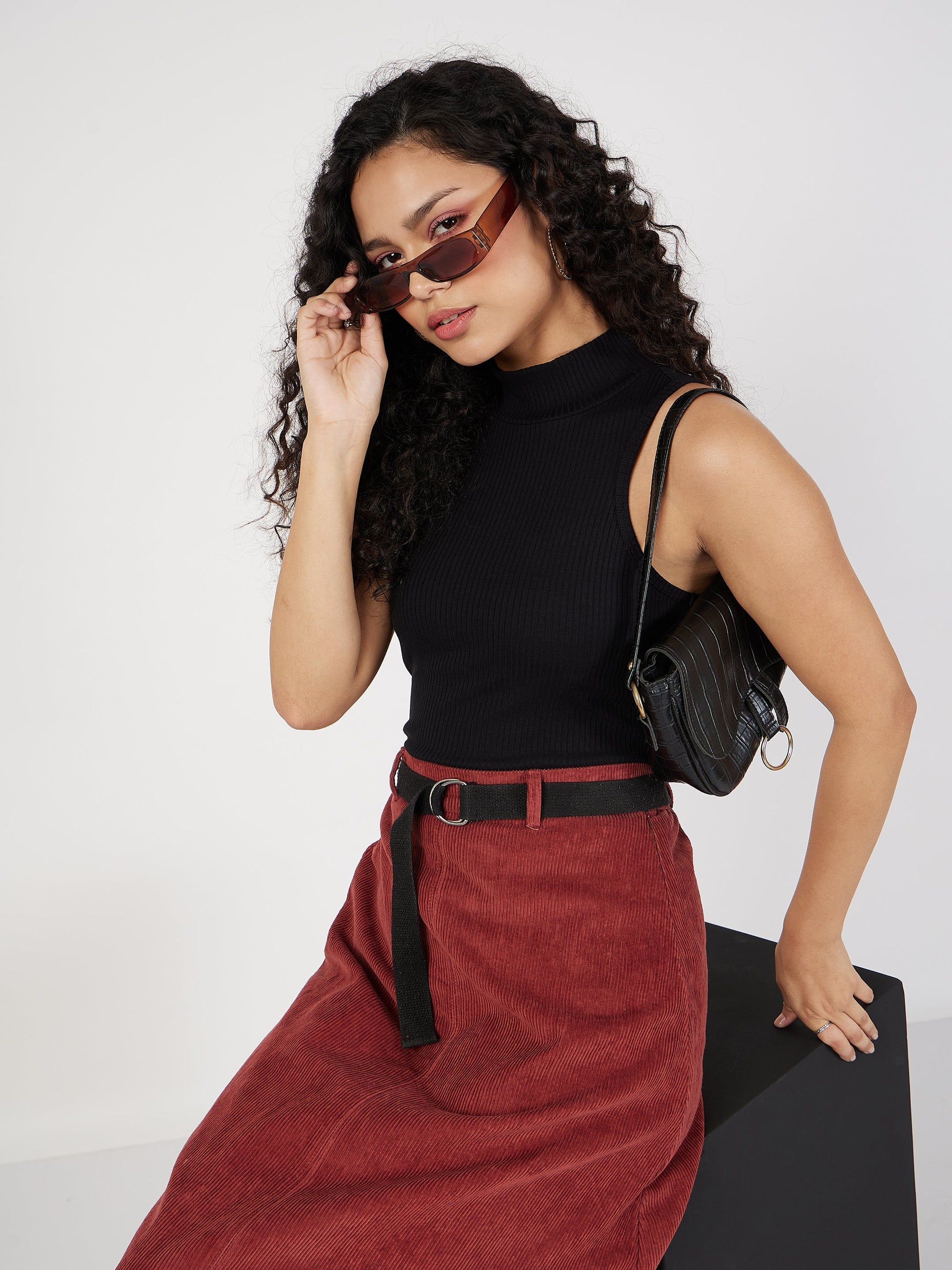 Black Rib Turtle Neck Sleeveless Top-SASSAFRAS