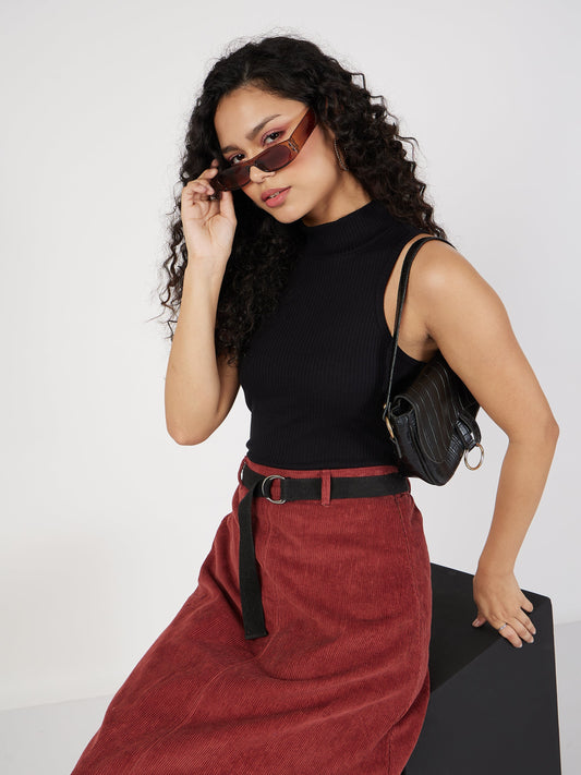 Black Rib Turtle Neck Sleeveless Top-SASSAFRAS