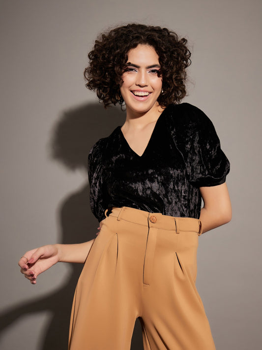 Black Velvet Puff Sleeves Top-SASSAFRAS