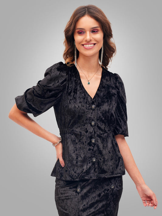 Black Velvet Front Button Top-SASSAFRAS