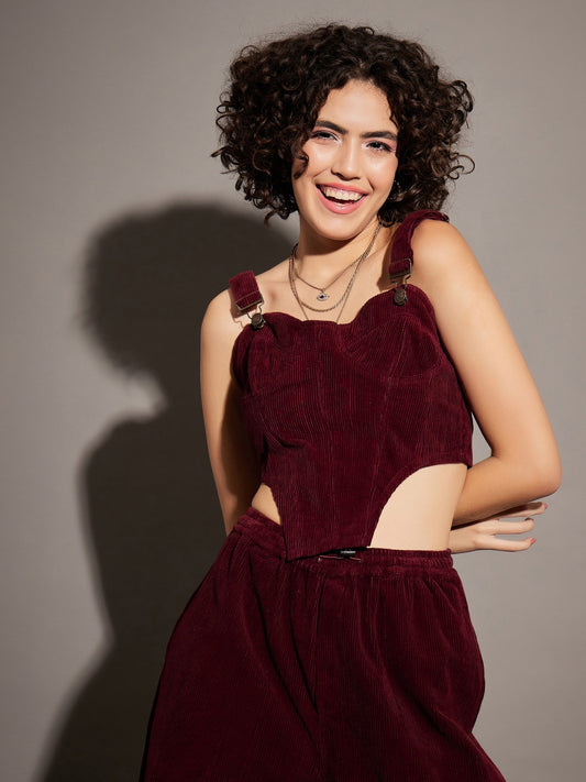 Maroon Corduroy Bustier Crop Top-SASSAFRAS