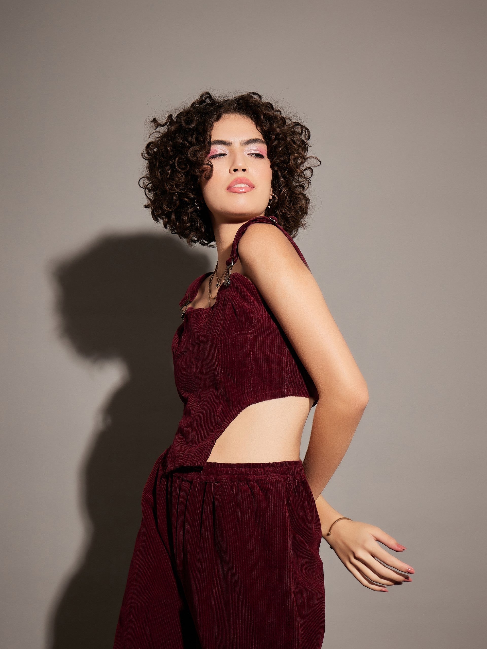 Maroon Corduroy Bustier Crop Top-SASSAFRAS