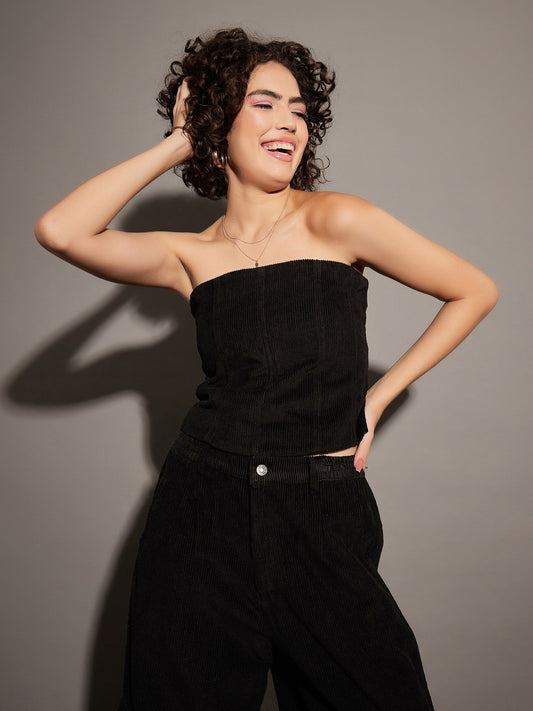 Black Corduroy Off Shoulder Crop Top-SASSAFRAS