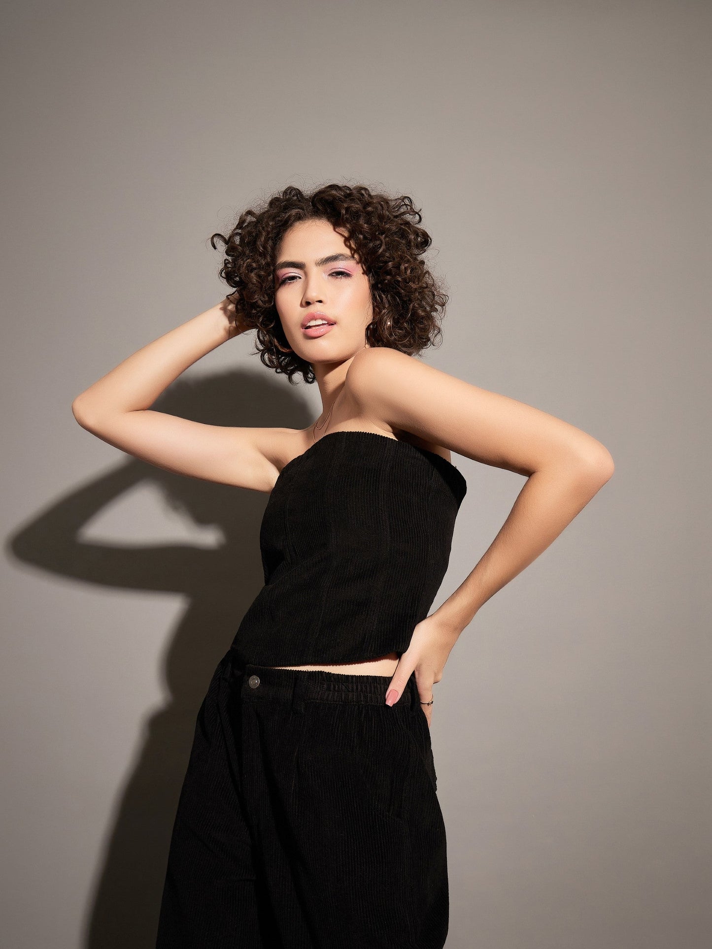 Black Corduroy Off Shoulder Crop Top-SASSAFRAS