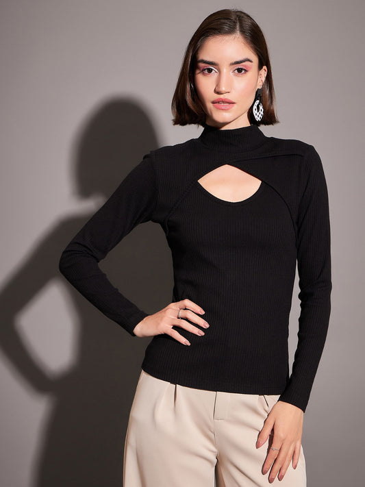 Black Rib Moon Cut Top-SASSAFRAS