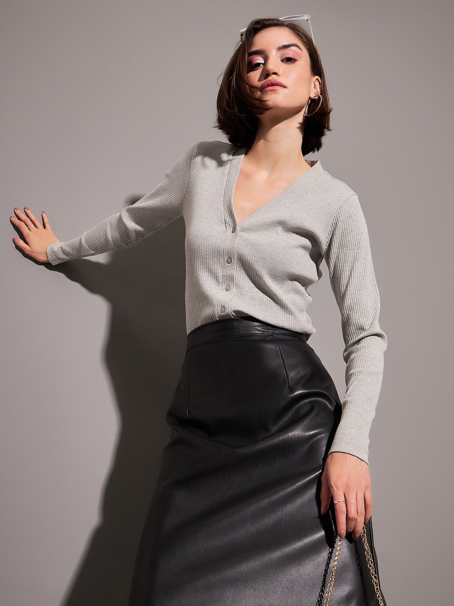 Grey Rib Front Open Cardigan Top-SASSAFRAS