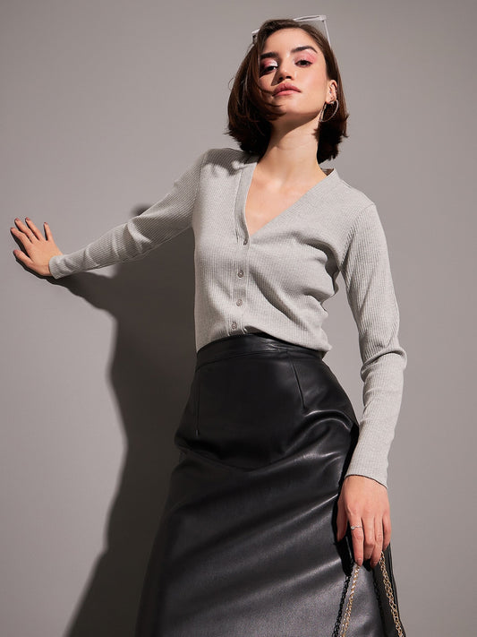 Grey Rib Front Open Cardigan Top-SASSAFRAS