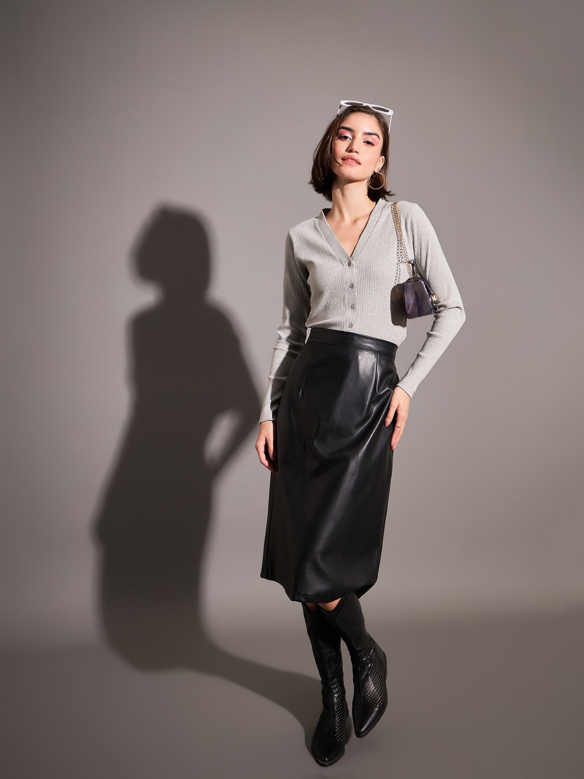 Grey Rib Front Open Cardigan Top-SASSAFRAS