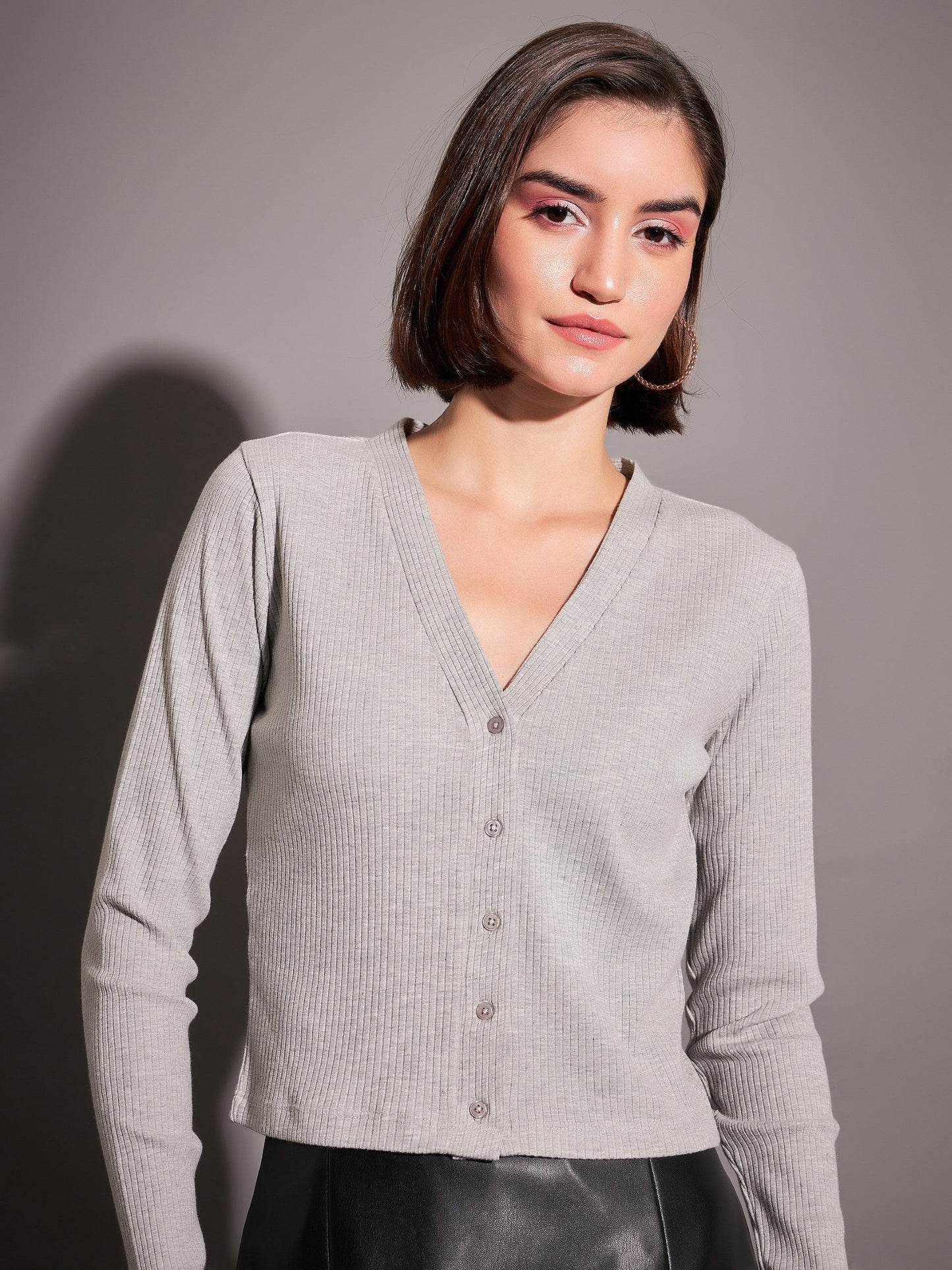 Grey Rib Front Open Cardigan Top-SASSAFRAS