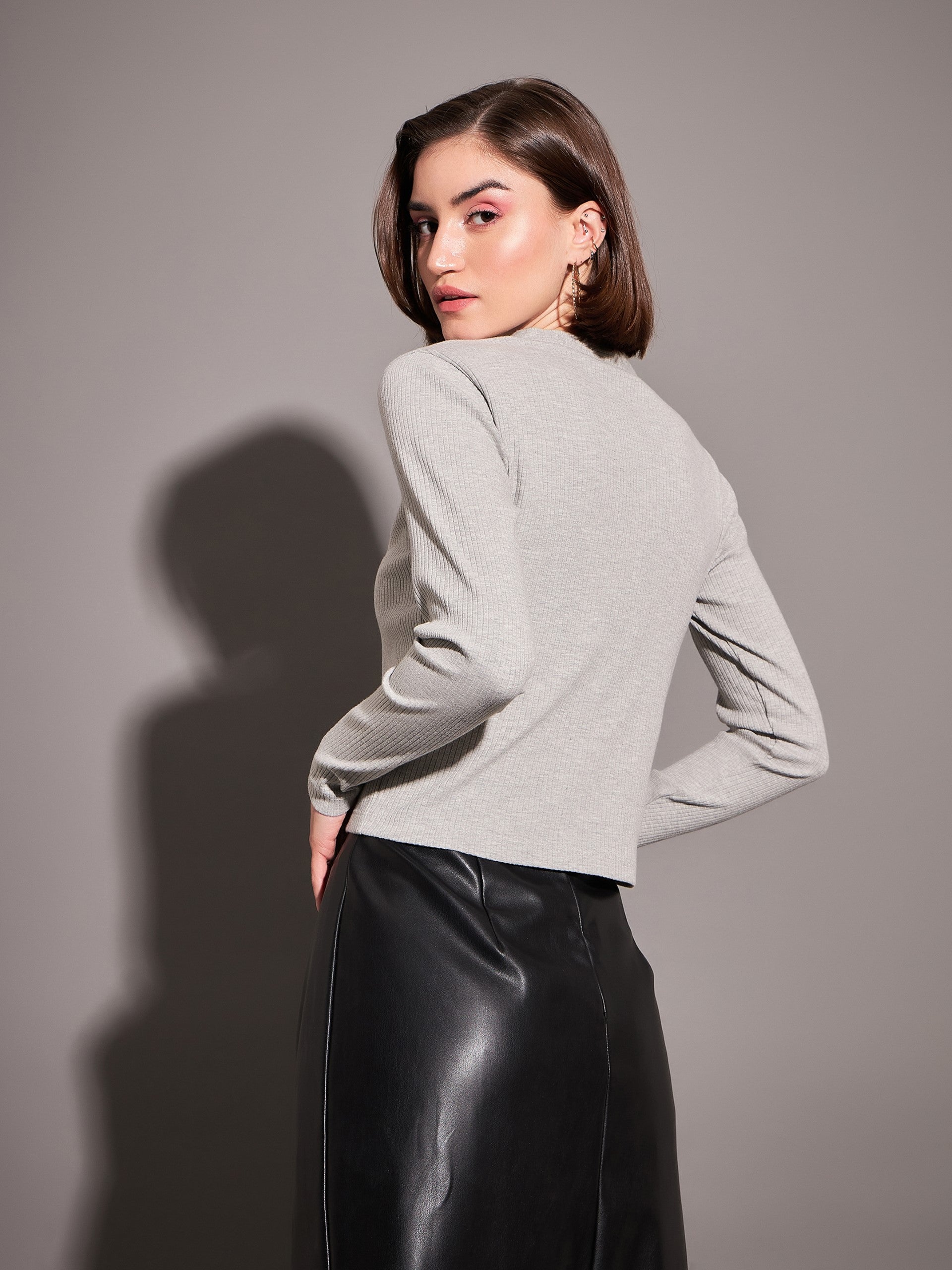 Grey Rib Front Open Cardigan Top-SASSAFRAS