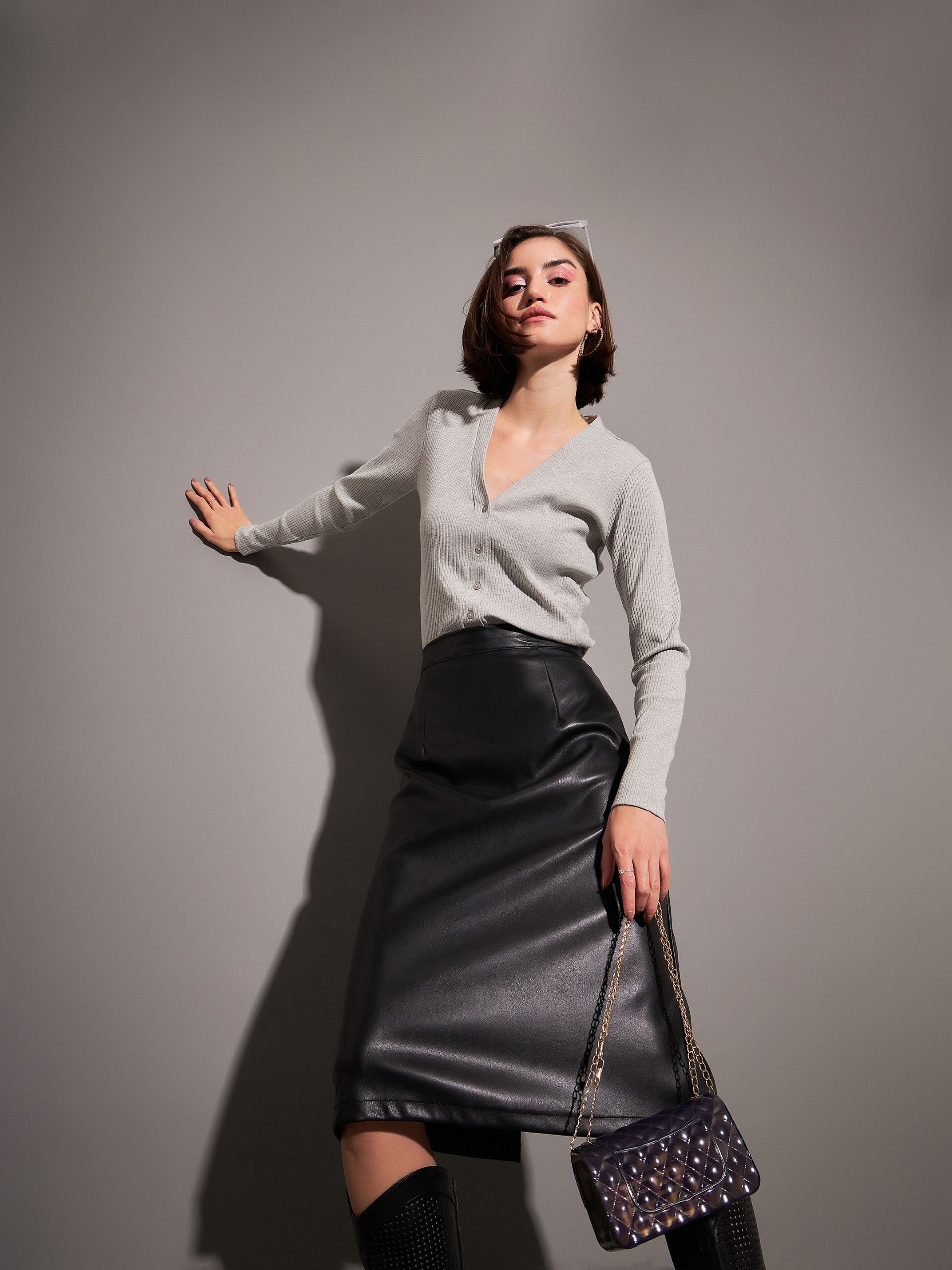 Grey Rib Front Open Cardigan Top-SASSAFRAS