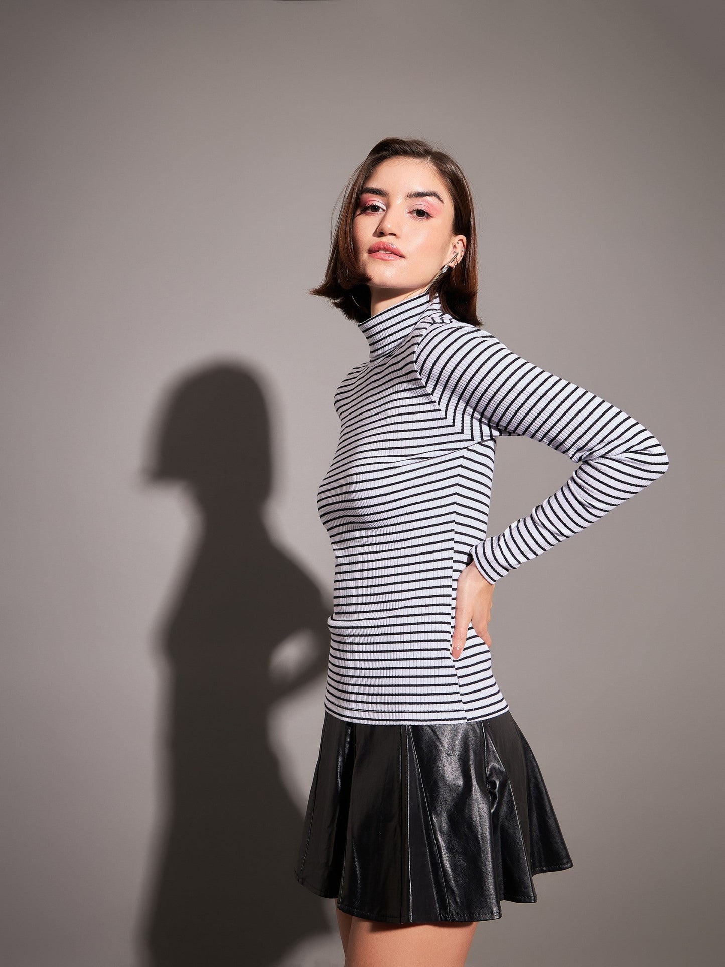 Black & White Striped Rib High Neck Top-SASSAFRAS
