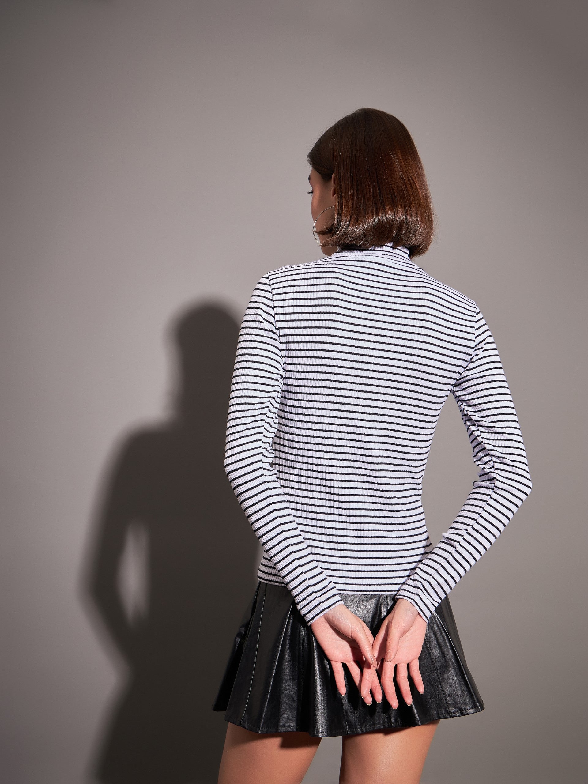 Black & White Striped Rib High Neck Top-SASSAFRAS