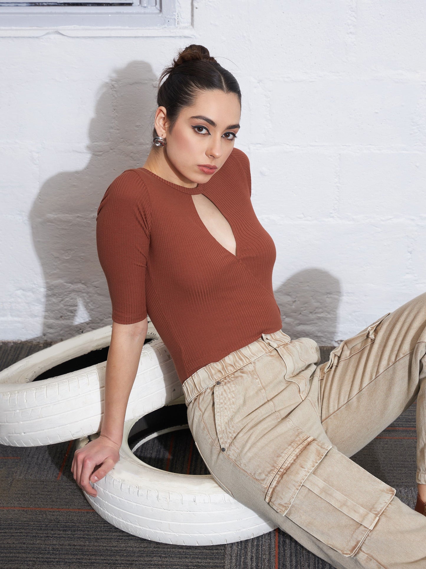 Rust Rib Keyhole Neck Top-SASSAFRAS