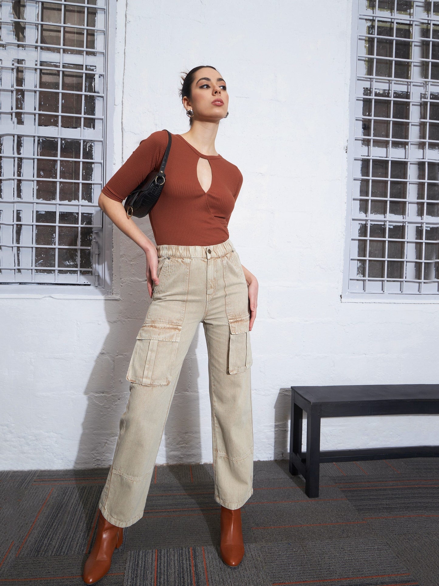 Rust Rib Keyhole Neck Top-SASSAFRAS