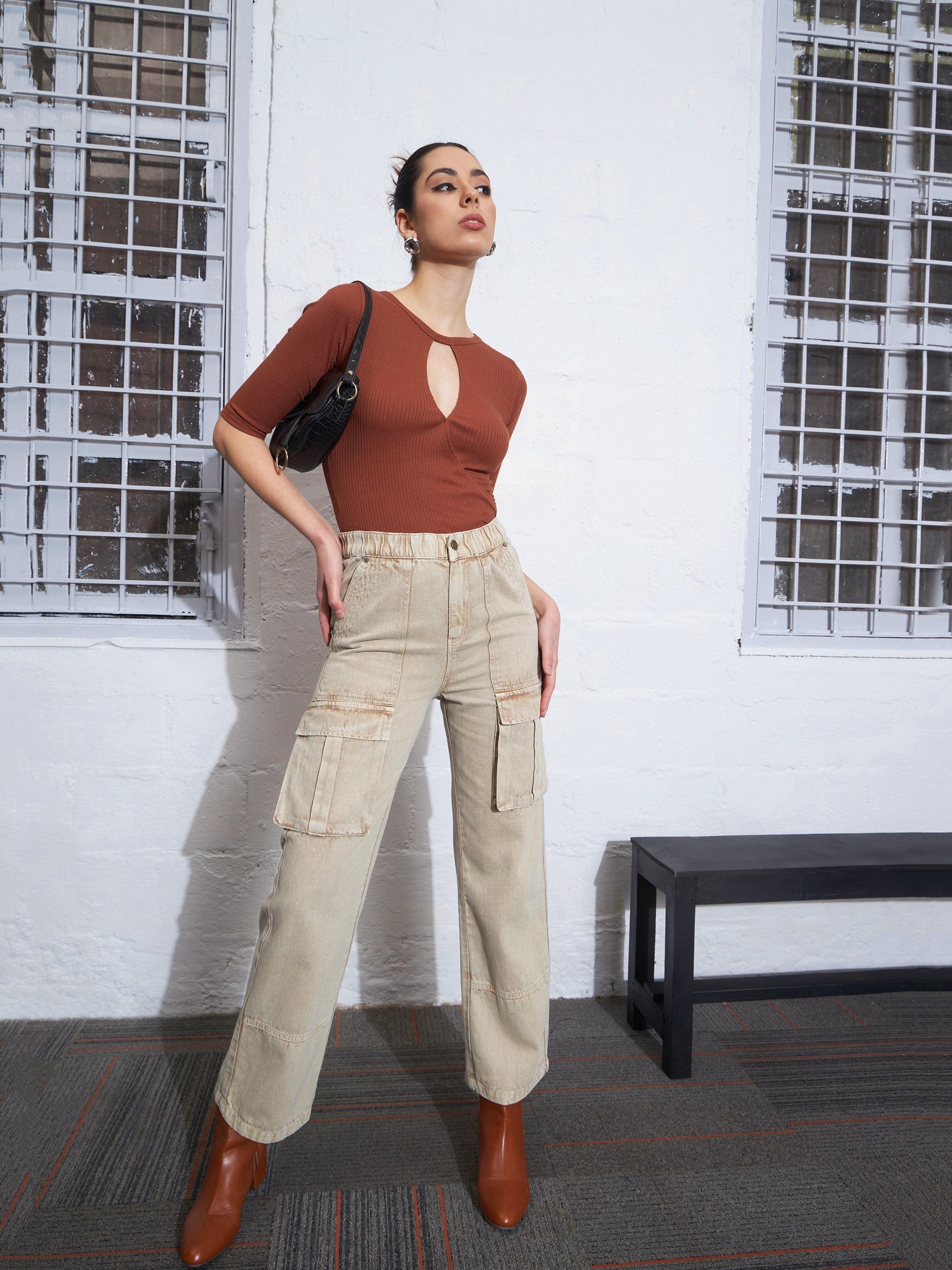 Rust Rib Keyhole Neck Top-SASSAFRAS