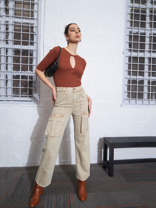 Rust Rib Keyhole Neck Top-SASSAFRAS