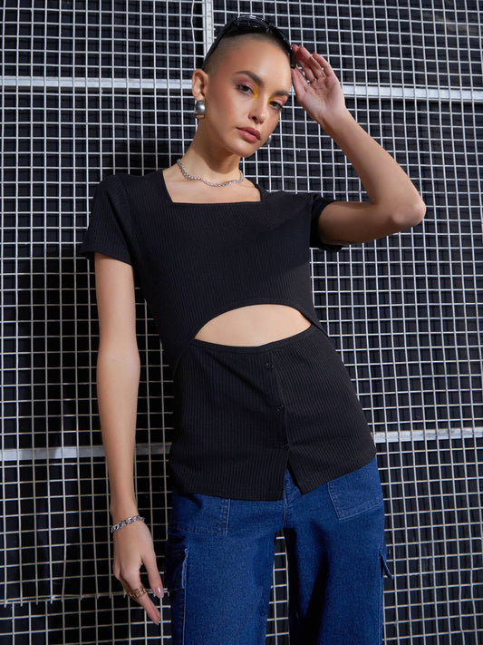 Black Rib Waist Cut-Out Top-SASSAFRAS