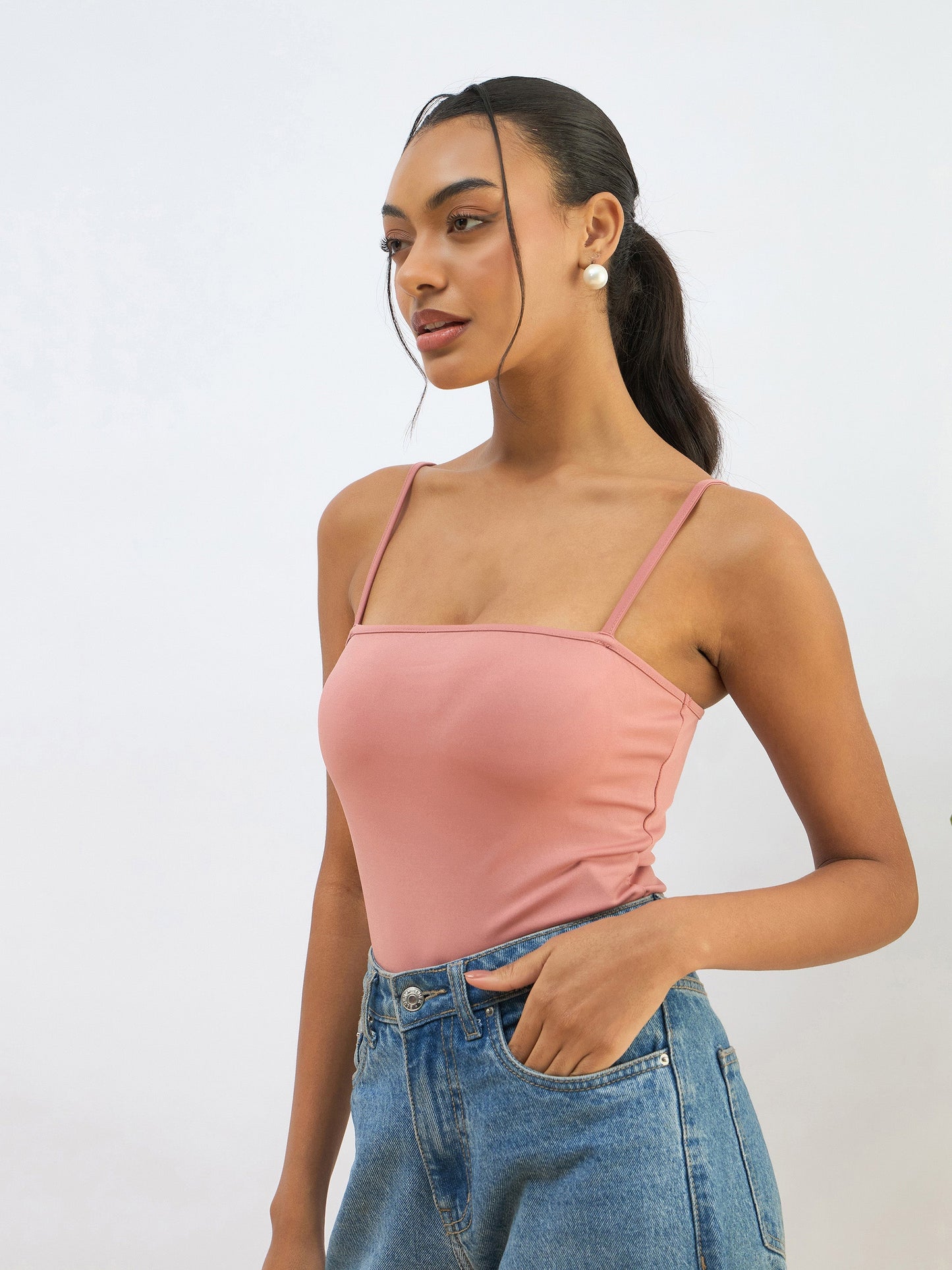 Women Pink Strappy Knitted Bodysuit