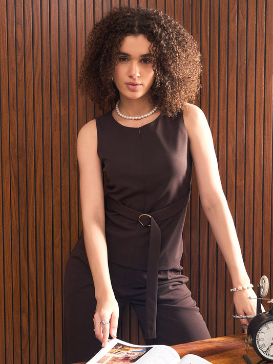 Women Brown Sleeveless Front Zipper Belted Top