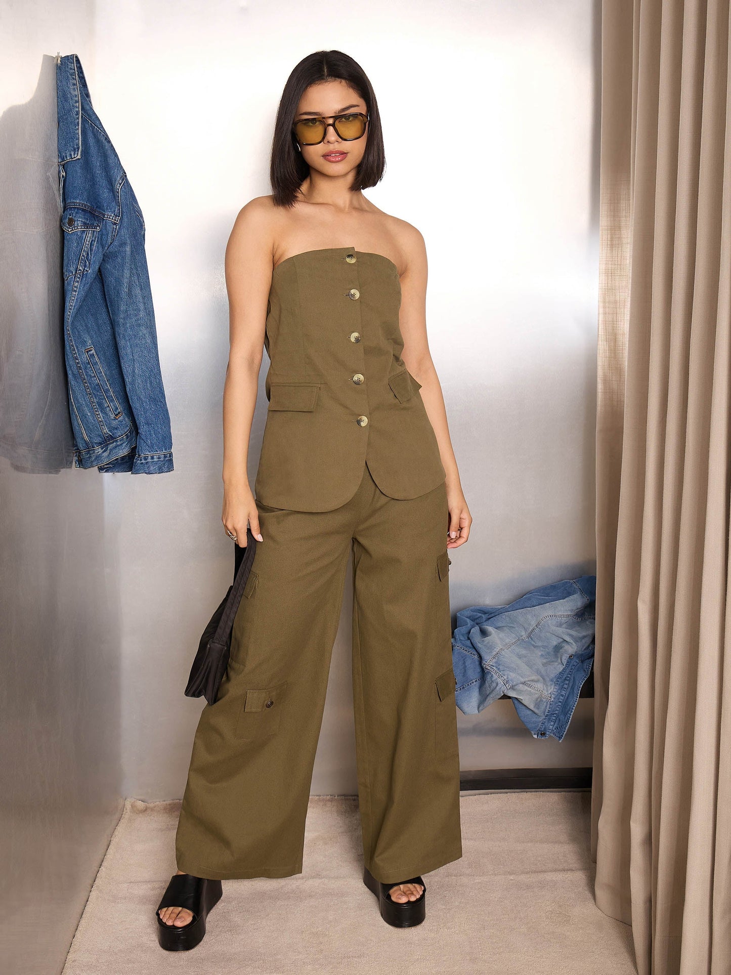 Women Olive Twill Tube Top