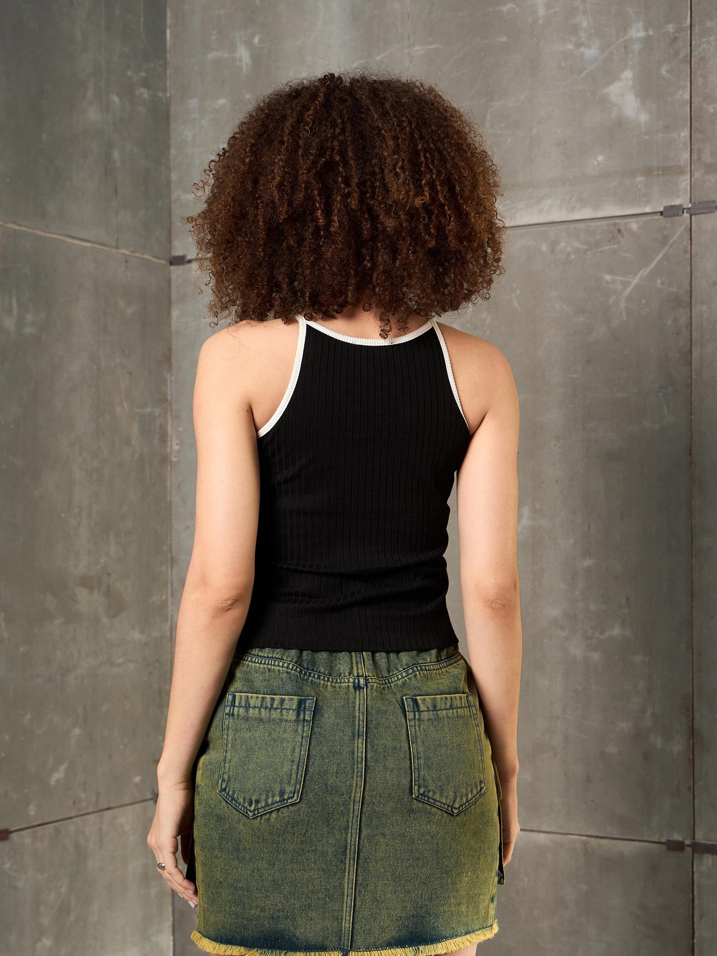 Women Black Rib Contrast Piping Strappy Top