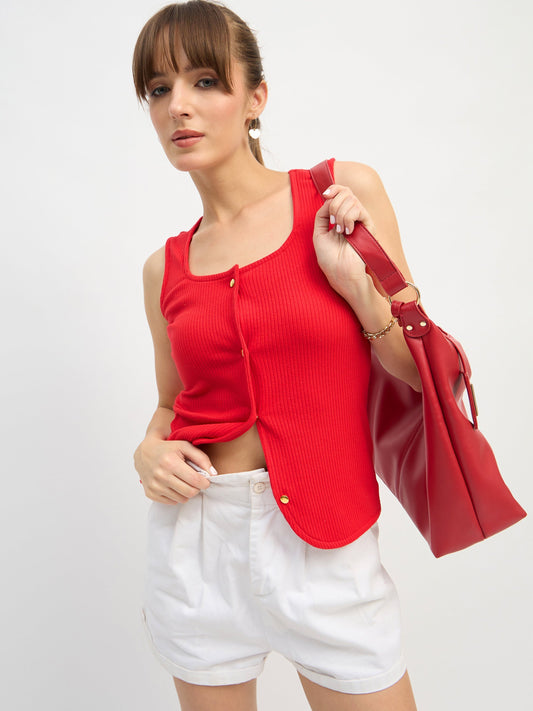 Women Red Square-Neck Button Down Top