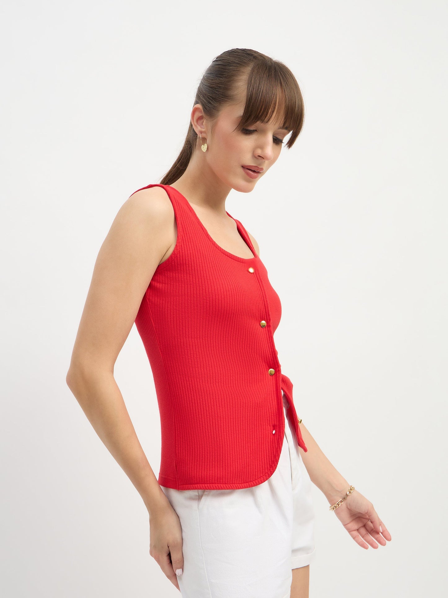 Women Red Square-Neck Button Down Top
