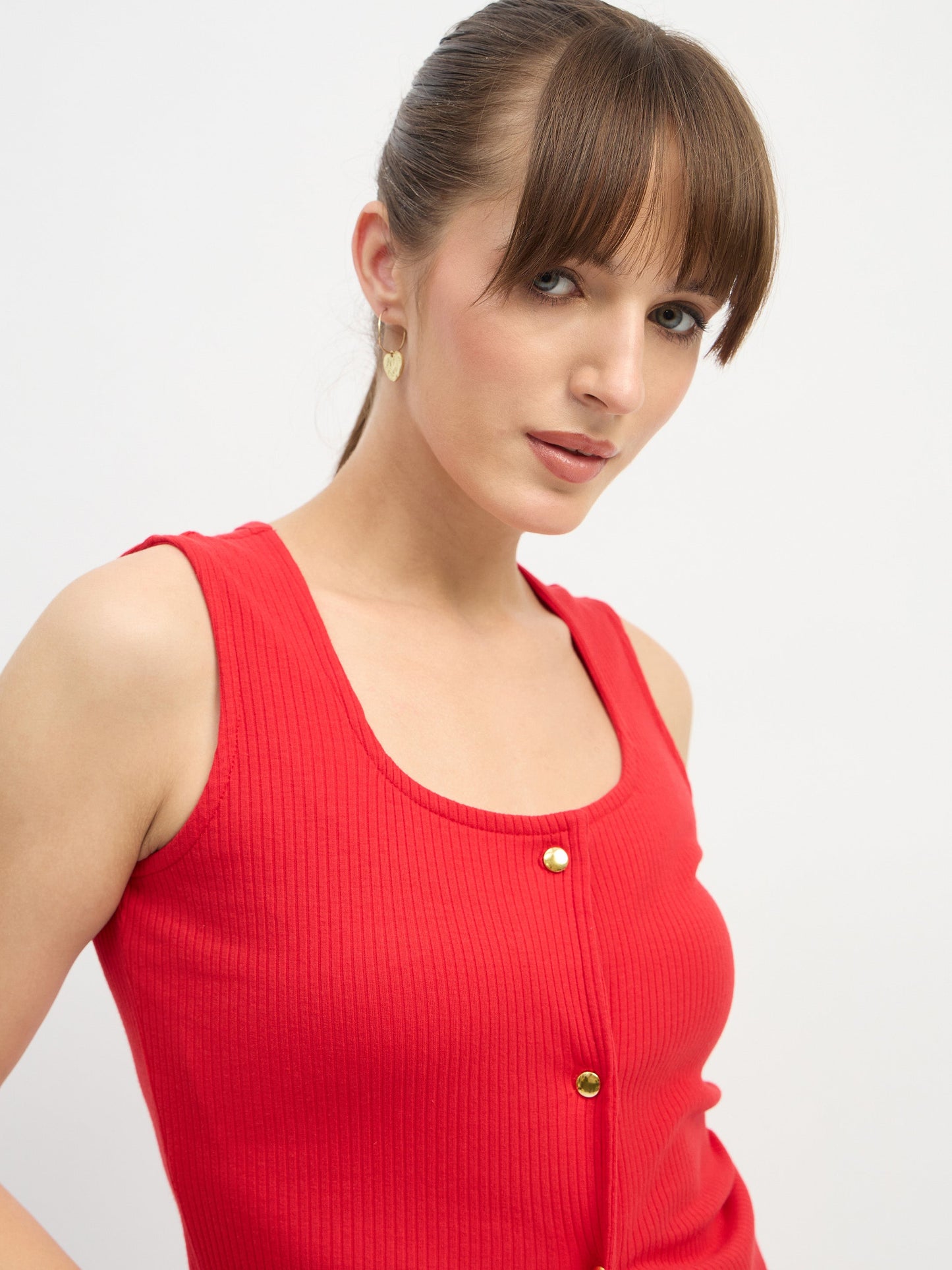 Women Red Square-Neck Button Down Top