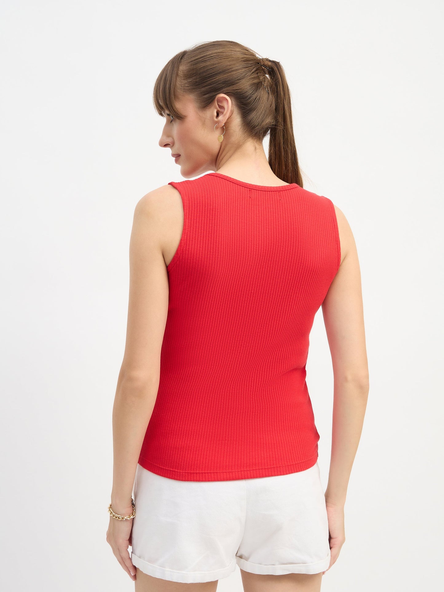 Women Red Square-Neck Button Down Top