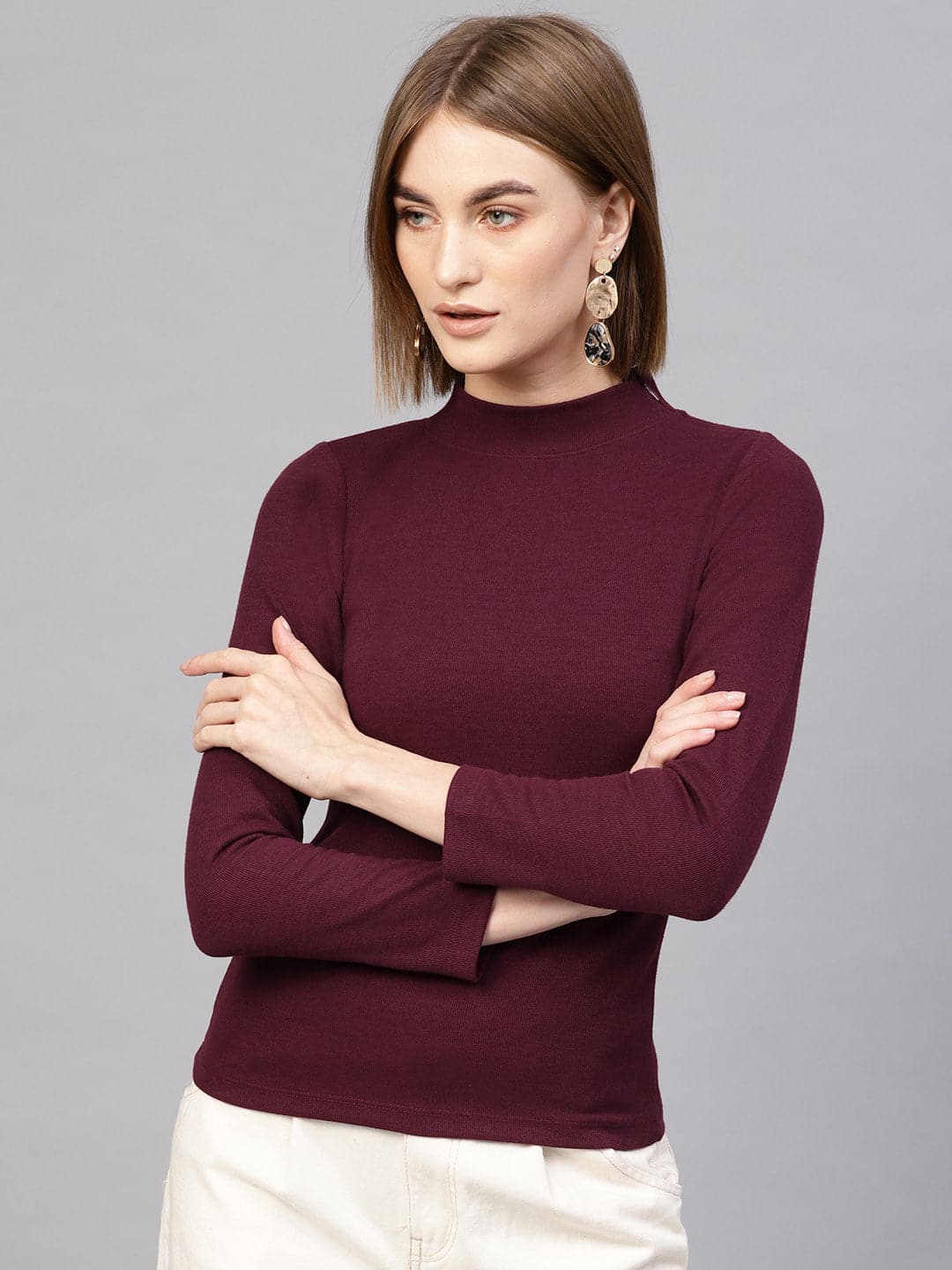 Burgundy High Neck Rib Top-Tops-SASSAFRAS