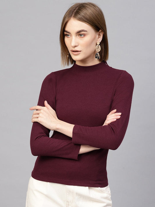 Burgundy High Neck Rib Top-Tops-SASSAFRAS