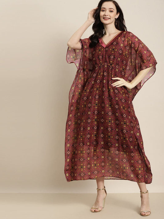 Women Maroon Patola Kaftan With Slip-Kaftan-SASSAFRAS