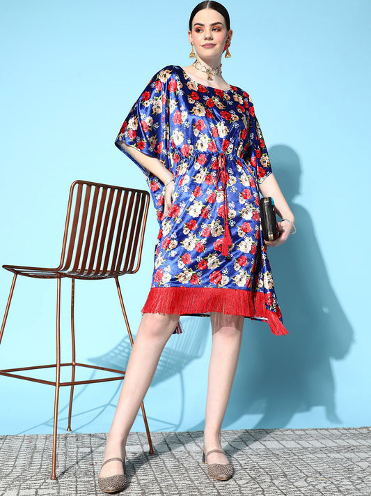 Royal Blue Floral Velvet High Low Kaftan Dress-Shae by SASSAFRAS