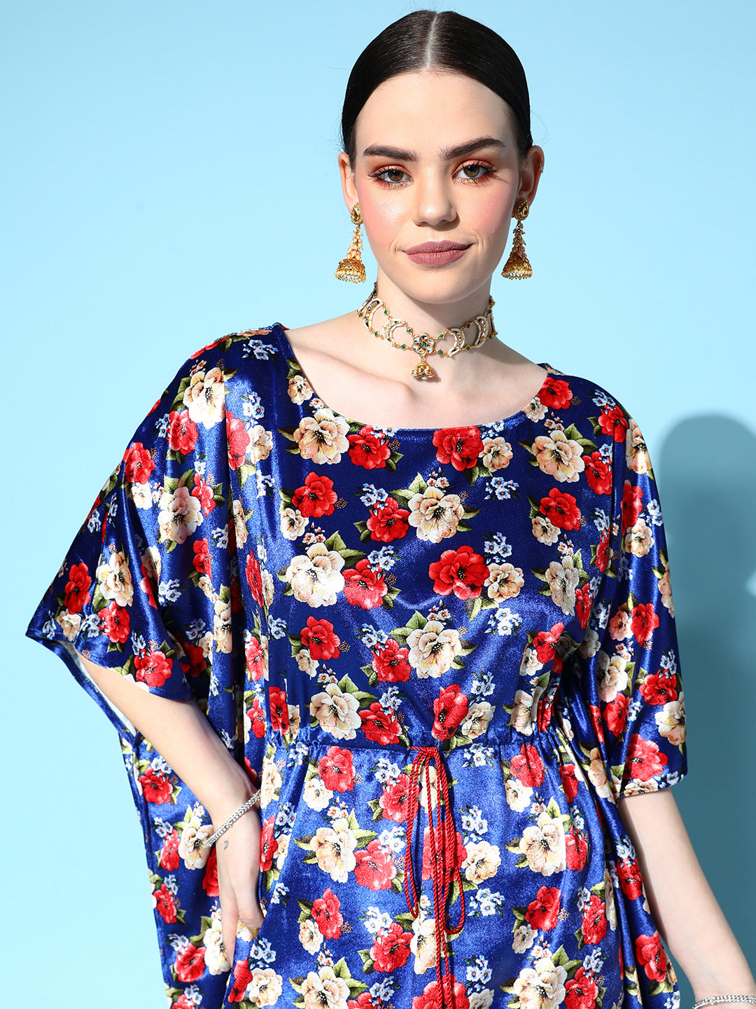Royal Blue Floral Velvet High Low Kaftan Dress-Shae by SASSAFRAS