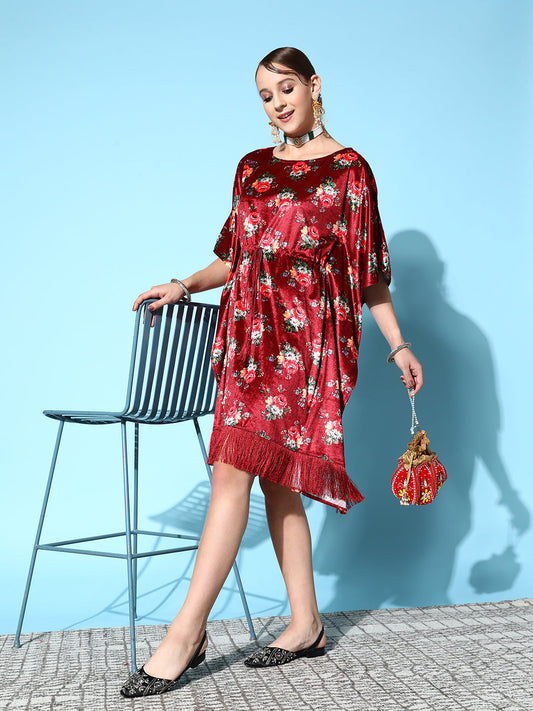Maroon Floral Velvet High Low Kaftan Dress-Shae by SASSAFRAS