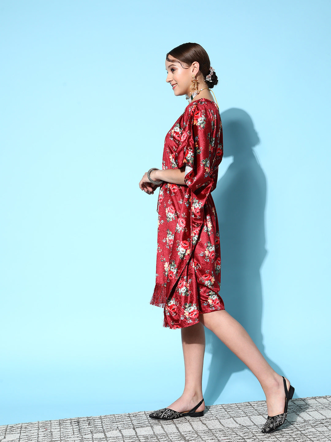 Maroon Floral Velvet High Low Kaftan Dress-Shae by SASSAFRAS