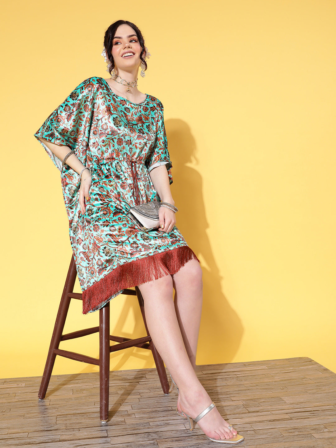 Sea Green Floral Velvet High Low Kaftan Dress-Shae by SASSAFRAS