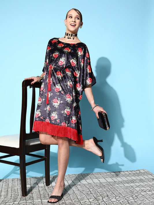 Navy Floral Velvet High Low Kaftan Dress-Shae by SASSAFRAS