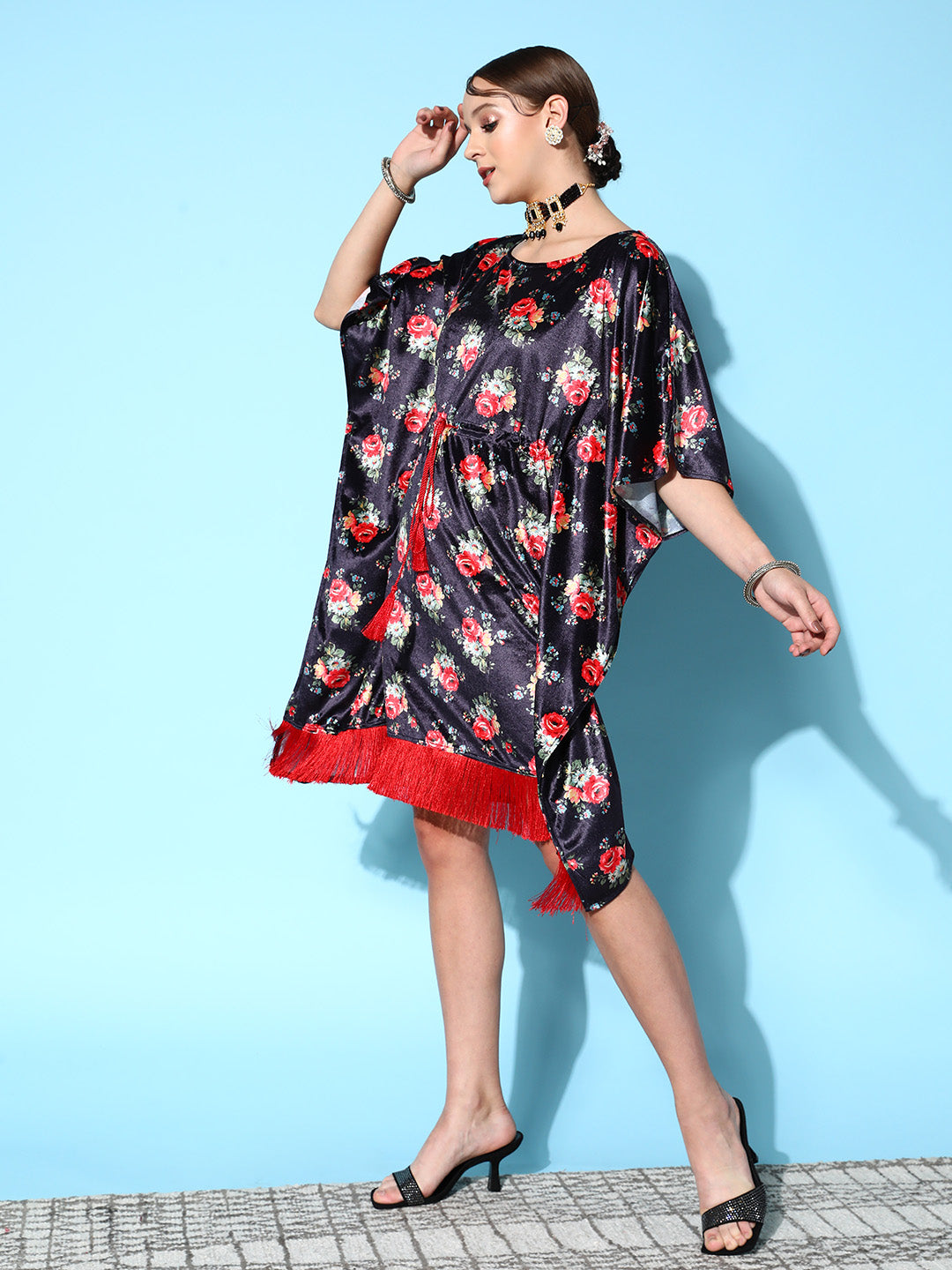Navy Floral Velvet High Low Kaftan Dress-Shae by SASSAFRAS