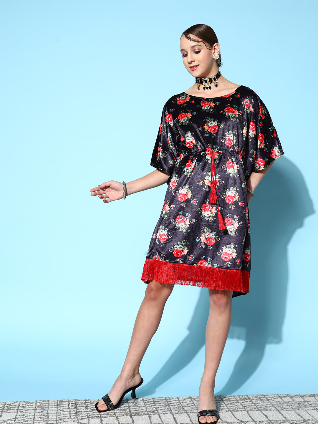 Navy Floral Velvet High Low Kaftan Dress-Shae by SASSAFRAS