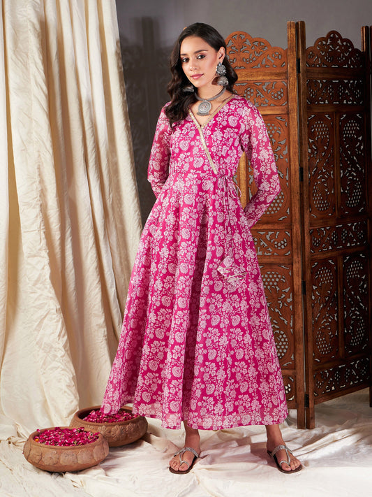 Pink Floral Wrap Anarkali Dress-Shae by SASSAFRAS