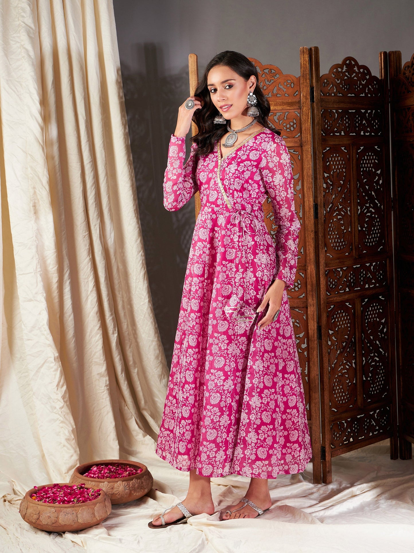Pink Floral Wrap Anarkali Dress-Shae by SASSAFRAS