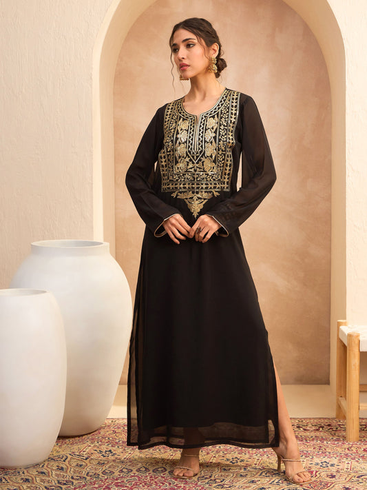 Black Embroidered Round Neck Abaya Dress-Shae by SASSAFRAS